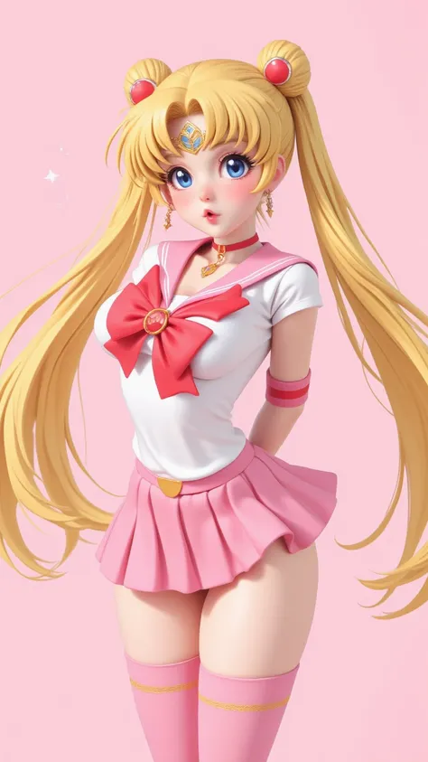 1 very young japanese girl, sailor moon, blonde hair, blushing, Shy, Red lips, mouth open, winking, cute overload, pale face, close up shot, Sweet, small breasts, ((best quality)), ((masterpiece)), (detailed), big expressive blue eyes, Slender、solid pink b...