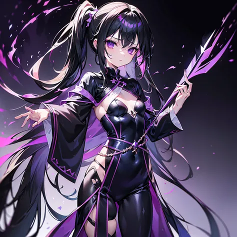 ((alone))holding a black-purple flame bow and arrow 1.9(long side ponytail 1.8)((small breasts1.8))young body 1.2、long black hai...