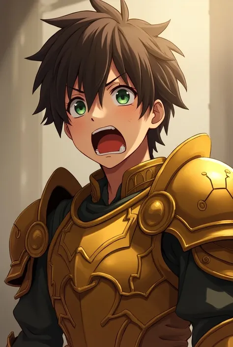 A young man crying and having his mouth open ,  showing how sad he is in golden armor,  with brown hair and green eyes, And let it be in 2D anime 