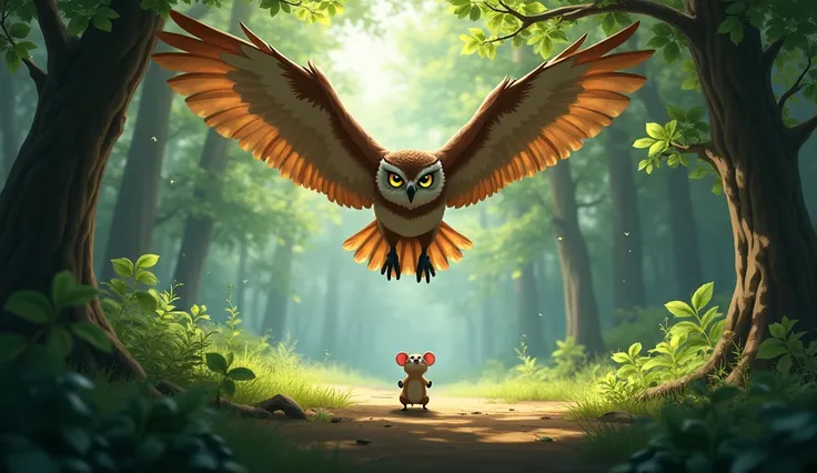 Alert mouse  : " A small mouse with light brown fur is standing in the middle of a forest clearing,  looking up in fear . around,  you can see leaves and fallen branches ,  with leafy trees in the background ."

Picking owl  : " A large owl with brown feat...