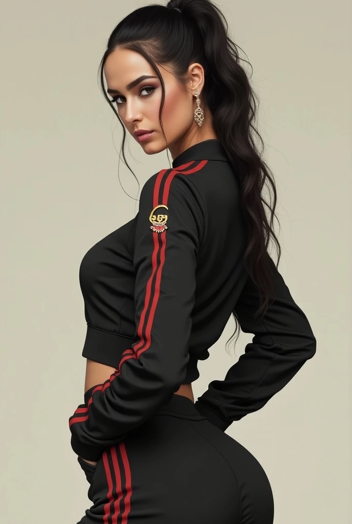 Does an Arabian woman tie her hair up in a Gucci tracksuit with a big buttock 