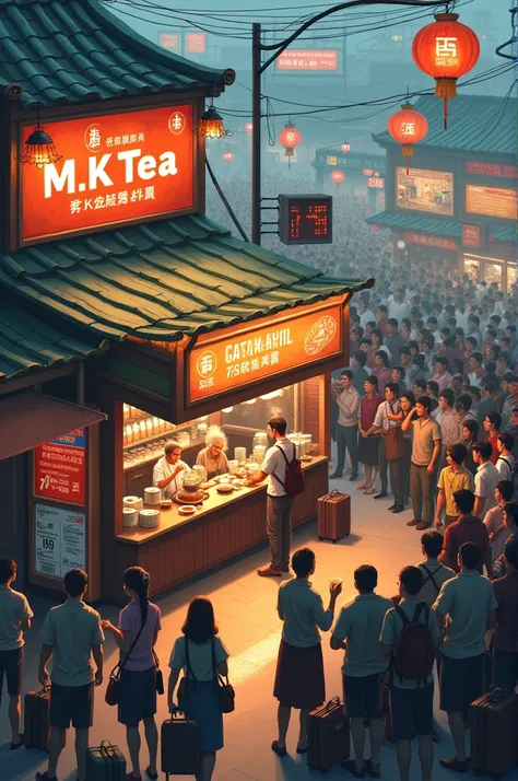 Make a two man tea stall and name is M.k tea and background like bus stand and man filling tea and a large group of people in line wise 