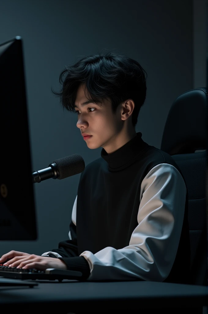 A 21 year old boy is sitting in front of a computer desk with a mic and a laptop. He is wearing a black and white high neck shirt and has black hair against a black themed background.