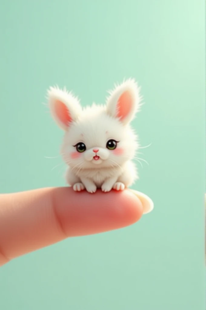 On one finger sits a cute little rabbit, wiggling its ears, light blue background."


2. "On top of the finger sits a small gray kitten. Who is moving the tail and looking with his eyes, the background is light green."


3. "On one finger sits a small pand...