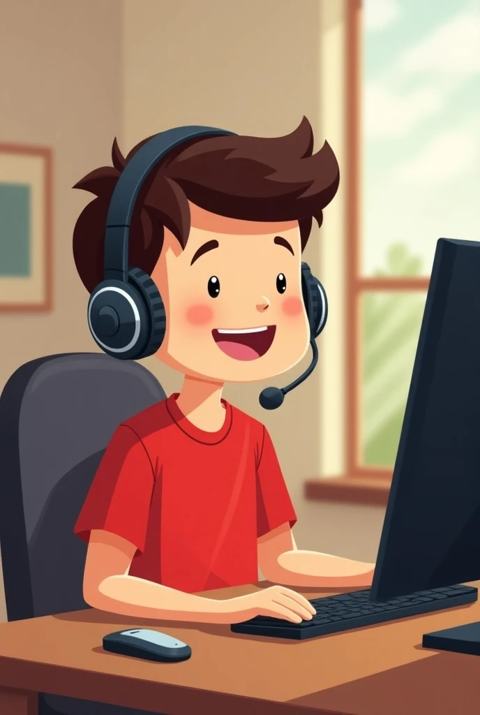 A cartoon boy who Wear headphones and red t-shirt like help center with red and black in colour with Normal feeling boy using pc