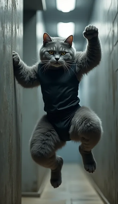  in an underground cell. The gray Chinese cat appears wearing his black sports costume that is tight on his harmonious body .  He climbs walls with amazing agility. His athletic muscles beat under his thick fur with every jump .  in moments. The cat perfor...