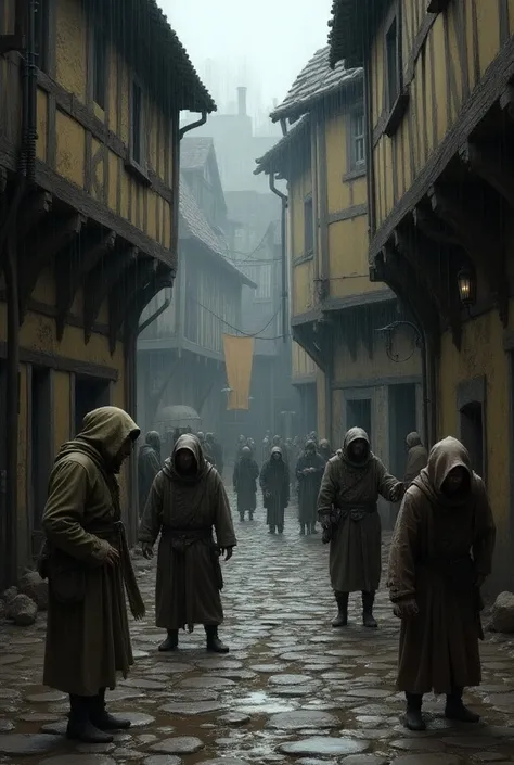 une rue au moyen âge en France, 15 -ème siècle, rue boueuse, pluie, mendiants