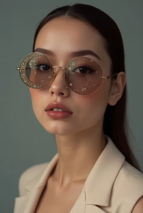 The model is wearing glass sunglasses with stars and the moon on the glass