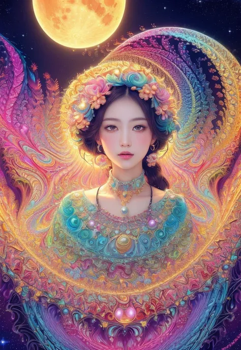 (masterpiece, Best Quality,  best quality , Official Art, beautiful、And aesthetic :1.2), ( 1 girl),  Extremely Detailed ,( Fractal Art :1.3),colorful, Highest detail, pastel, bright, Shine, Pearl, Iridescent, sun, moon