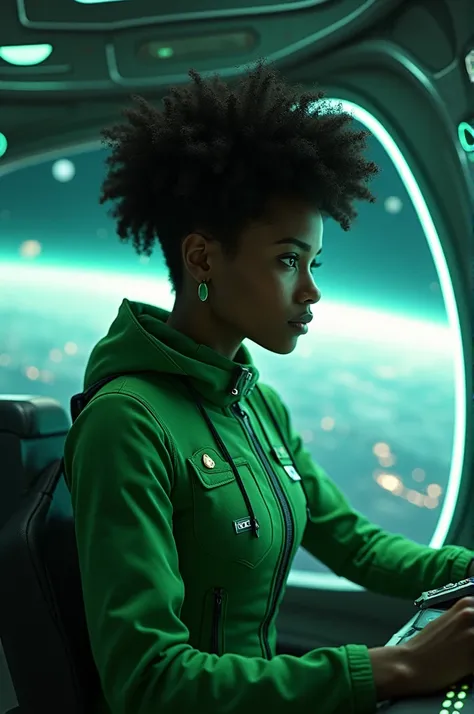  A futuristic Afro-descendant space pilot, wearing a green jacket  