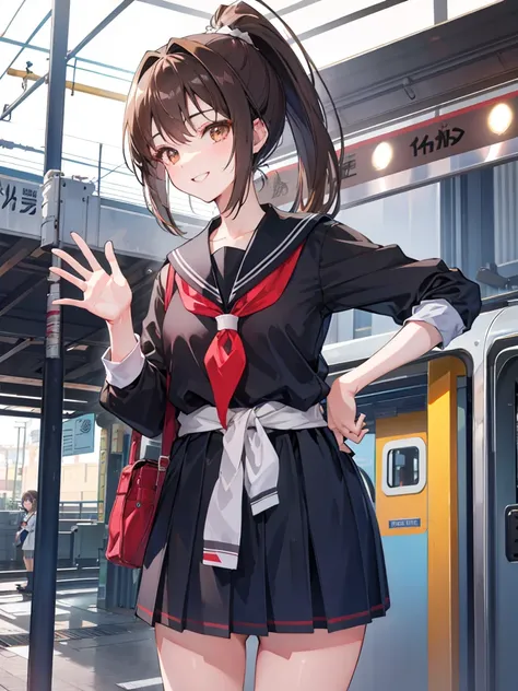  station platform,Waving,162cm,18 years old, ponytail brown hair waiting for the train,  Brown Eyes  , beautiful girls ,Above the waist, anatomically correct  , Attention to Details,Super detailed,  super high definition , textured skin,masterpiece, best q...