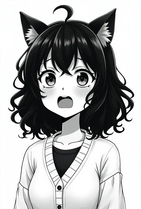 Black and white manga image headshot of a black anime girl with big curly hair crying wearing a cardigan sweater and cat ears in her hair