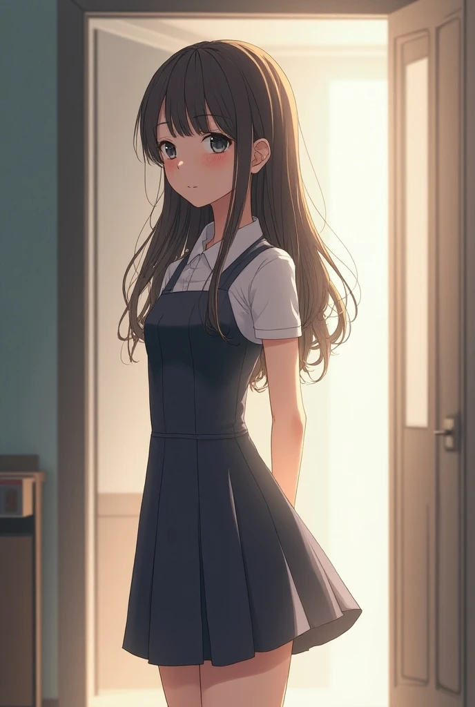 A female second-year high school student wearing a short dress looking to the side