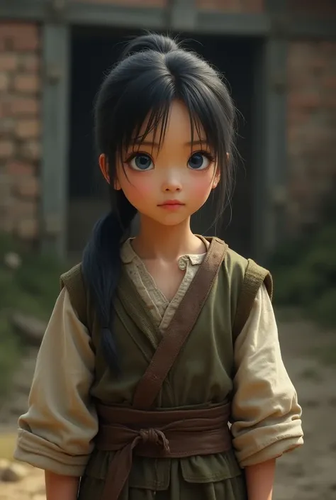  Nine-year-old girl with a slight Asian trend with black hair in a ponytail , blue eyes medieval European peasant clothes 