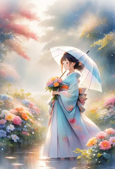 A delicate scene featuring a woman wearing a traditional Japanese kimono in soft pastel colors. She is holding an umbrella with a transparent, ethereal appearance, shielding herself from gentle rain. The kimono has floral patterns that blend seamlessly wit...