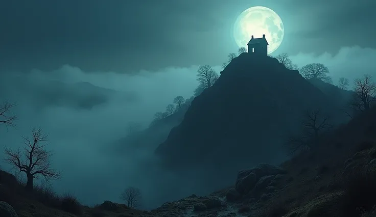 A panoramic view of a rocky hill with the silhouette of a small, ancient stone chapel barely visible at its peak, illuminated by a bright full moon. A distant, piercing howl echoes through the cold night air. Low-lying fog swirls at the base of the hill, a...