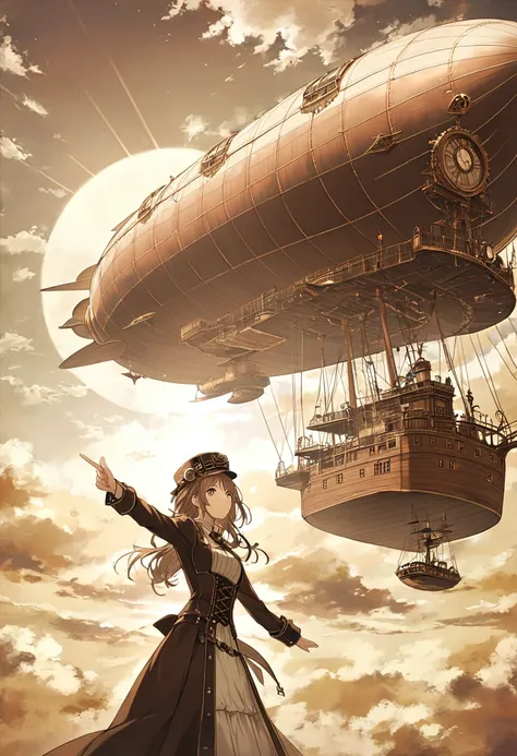 ((pastel))、Sepiaの写真、One Woman,Pointing to the sky,steampunk airship,Sepia,Unity, light shines in ,Visible from afar