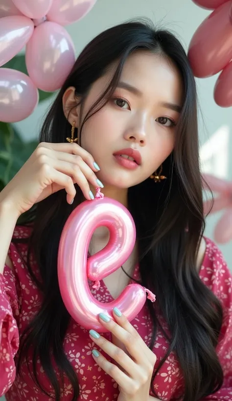 A beautiful young Asian woman in a stylish dress made of blue balloons, beautiful eyes, beautiful nose, beautiful lip and beautiful face, holding up the pink balloon curved word "pipe" in both hands, exquisite details, surrounded by a rainforest, stage lig...