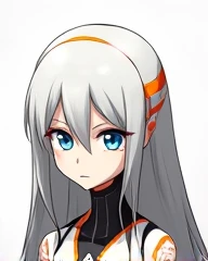  Itll be a slender adult anime girl ,  shes technically a cybernetic organism .  Her skin tone is white,  like white paint ,  has orange stripes on different parts of her body .  She has long white hair ,  blue eyes radiating a blue glow and a snide smile....