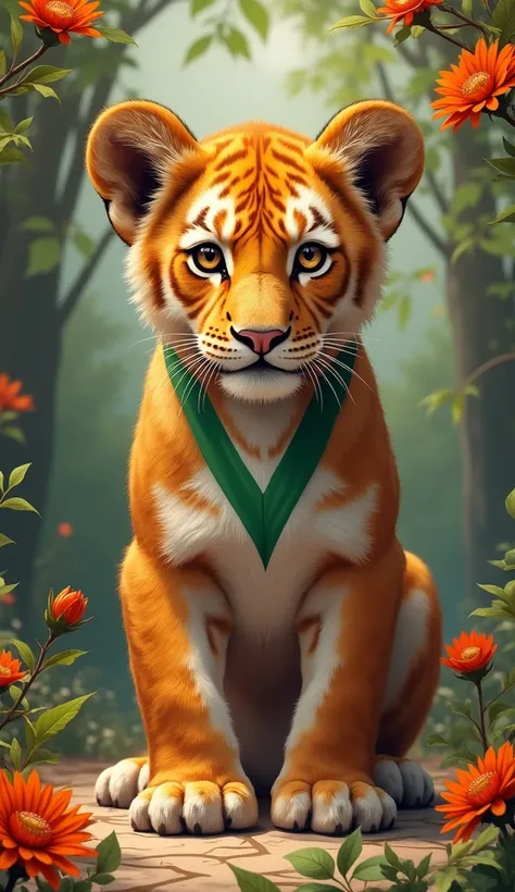 Indian Lion Cub: Decorate the lion cub in the colors of the Indian flag, facing the camera as if approaching, with a background representing Indian traditions.