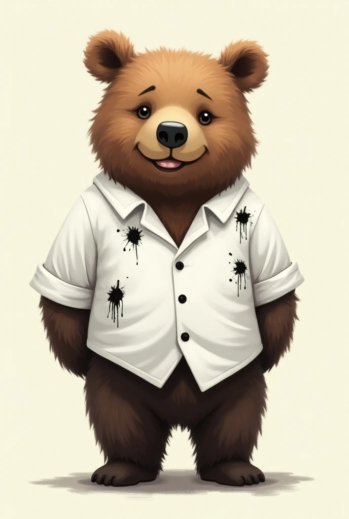 A bear wearing a white shirt with black paint