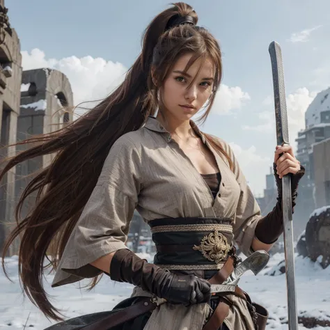 Solo girl, ponytail long brown hair, sword, 