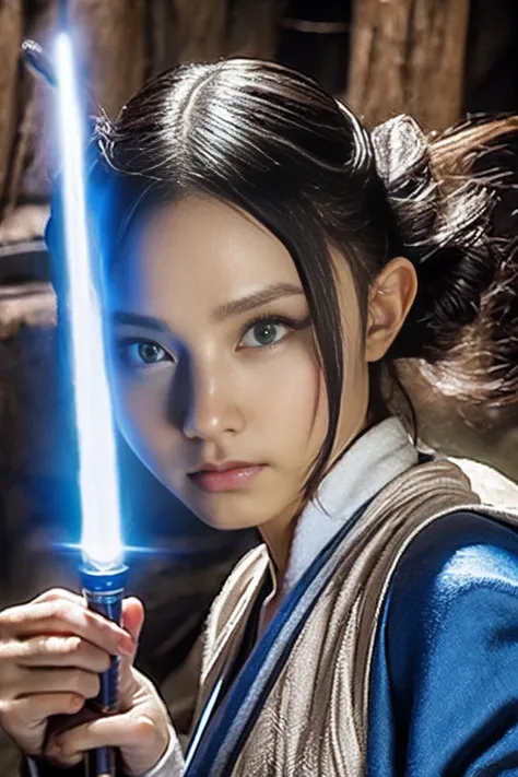  Star Wars , Jedi Master, woman, Beauty, Cute face, ,  wear a Jedi robe, A lightsaber in your hand ,  the blade burns blue , Jedi Temple、 long hair、Black Hair