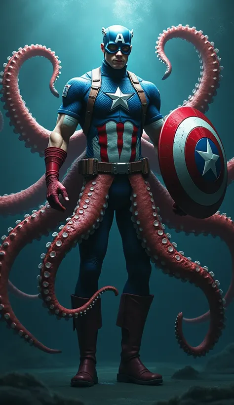 "A realistic depiction of Captain America as an octopus. His muscular upper body, including his iconic shield on one arm, is merged with a giant octopus tentacles. The tentacles are strong and muscular, with red, white, and blue patterns resembling the Ame...