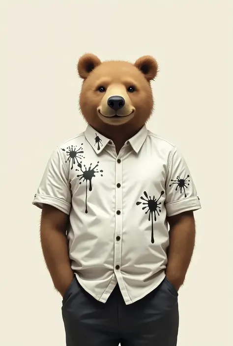 A bear wearing a white shirt with black paint