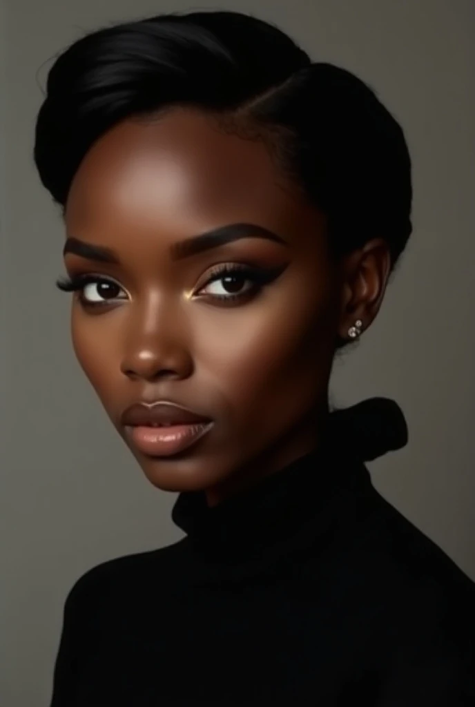 The image shows a black woman with her face slightly blurred for privacy. She has a rich, deep skin tone and is wearing a black top with a high collar. Her hair is styled neatly, framing her face. The focal point of the image is her ombre brows, which are ...