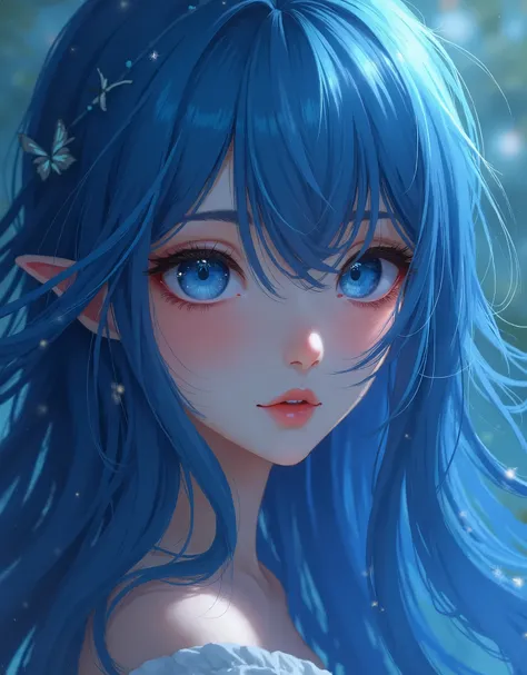 beautiful girl with long blue hair, beautiful detailed eyes, beautiful detailed lips, extremely detailed face, longeyelashes, anime style, oil painting, fantasy, magical, intricate details, vibrant colors, dramatic lighting, mystical atmosphere, cinematic ...