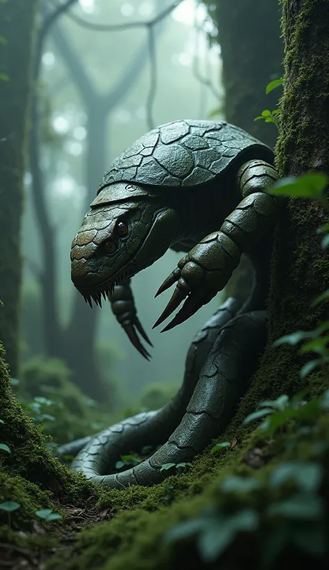 "A predatory hybrid of a crab and a snake, camouflaged in the thick, moss-covered forest. Its snake-like body is long and muscular, while its shell-covered torso provides protection against attacks. The creature slithers through the dense foliage with dead...