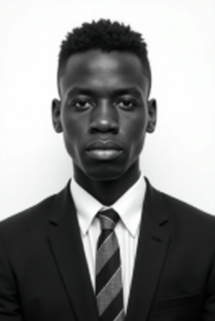 Black and white portrait of a young african-american man 24 years old. he is wearing a formal suit with a white collared shirt and a striped tie. he has short, neatly combed hair and is looking directly at the camera with a serious expression. the backgrou...