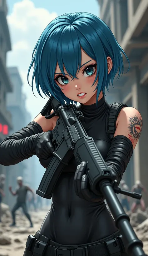 a super beautiful woman, 1girl, short blue hair, jill valentine hair, apocalíptico ambience, (wearing tactical clothes), city background, anime style with rounder head, round face, sexy smile, huge boobs, (((black eyes))) , angry, round face, kinky eyes, f...