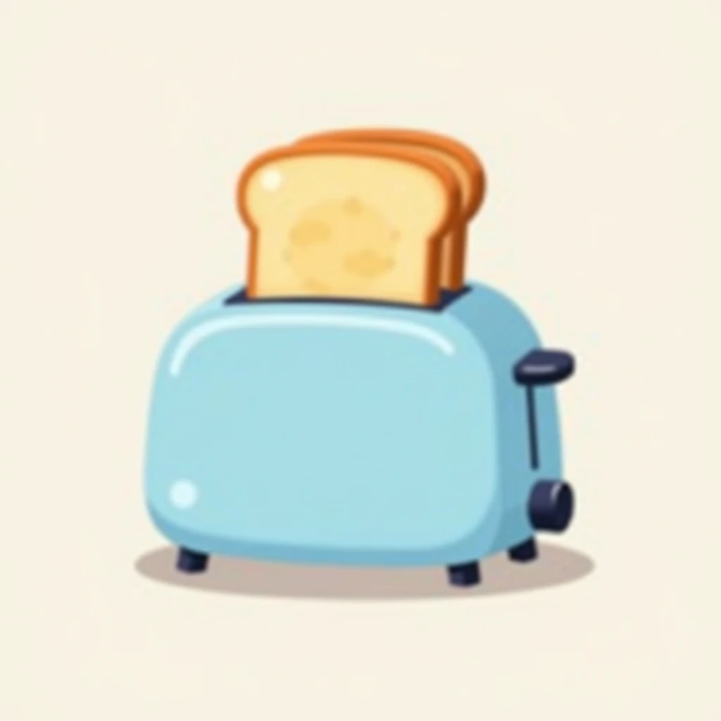 a simple 2d cartoon illustration of a pastel blue toaster with two slices of light brown toast popping out, minimal shading, essential shapes and contours, -friendly, educational illustration style