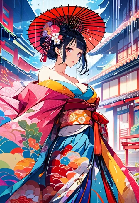 {worst quality, low-quality}, Anime artwork depicting a girls face within a vivid and abstract collage of colors and patterns. (geisha girl)),  Big Breasts, (off shoulders:1.4), ((Japanese umbrella)), The composition includes a variety of shapes, lines, an...