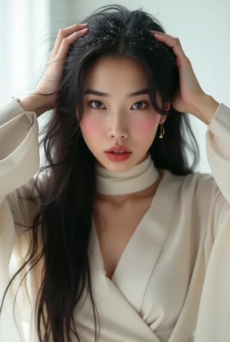 Create an Asian long-haired beauty，Wearing a white high-necked thin tights，Proud figure，Scratching the scalp with both hands，There is a lot of dandruff on my head，A lot of dandruff，Exaggerated and ferocious expression，The characters are realistic and reali...