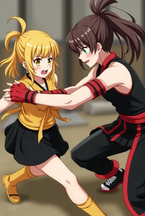 imagen 2d,  teenagers with short yellow hair with bangs and with a long yellow ponytail, with yellow eyes  ,  with silver earrings in her ears , Fighting in a dojo,  cartoon anime style ,  yellow dress with a black skirt underneath and a black bow on the n...