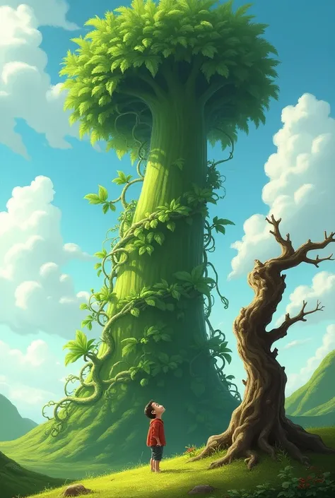 The very large bean stalk and a boy next to a tree looking up in fear
