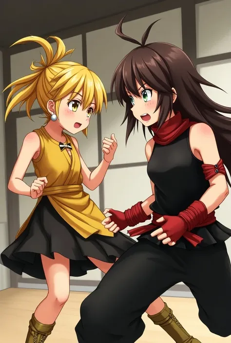 imagen 2d,  teenagers with short yellow hair with bangs and with a long yellow ponytail, with yellow eyes  ,  with silver earrings in her ears , Fighting in a dojo,  cartoon anime style ,  yellow dress with a black skirt underneath and a black bow on the n...