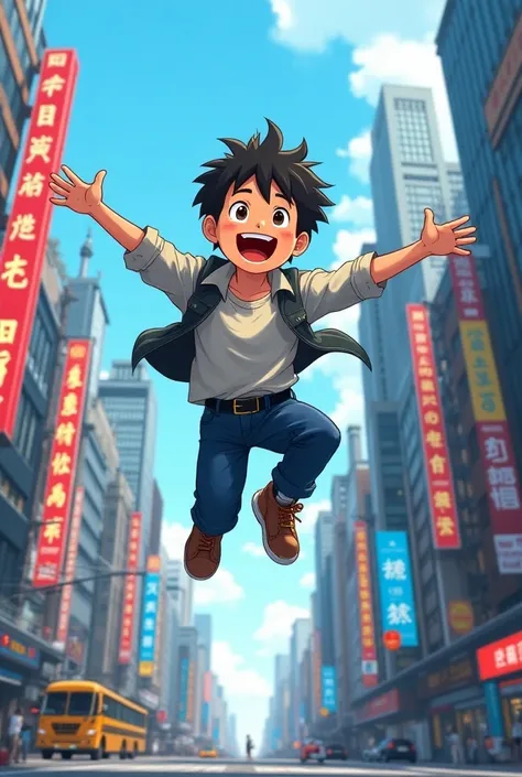 Boy jumping happily against a background of a city with a lot of publicity all in the anime type
 
