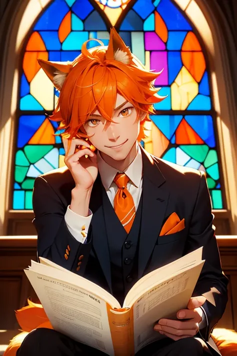 Perfect face. Perfect hands. An orange haired man with orange eyes with orange fox ears and an orange fox tail in a nice suit is smiling while sitting and reading in front of a stained glass window in the library