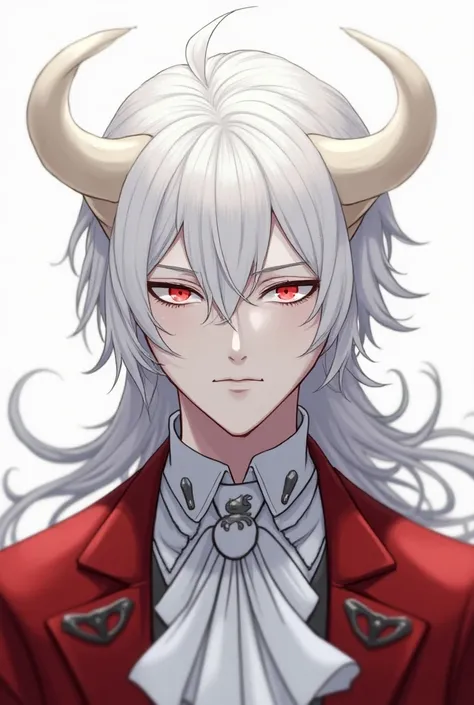 a man with white pale skin, with red and white eyes, with smooth white horns and white hair, wearing a white and red tailcoat with black details, has fangs, with mouth closed (solo, anime art style)