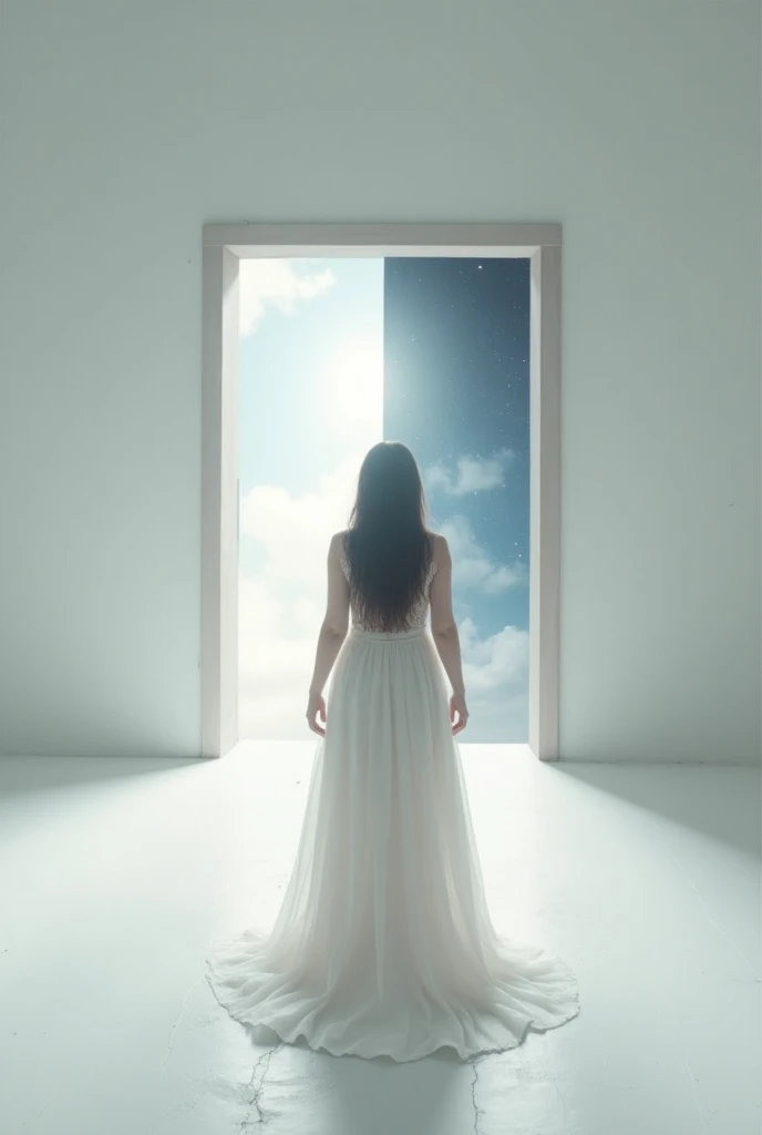 One open door to heaven, another open door to hell. A woman viewed from the back standing on a white room in front of the doors. The picture must have a felling of division between good and evil choices.