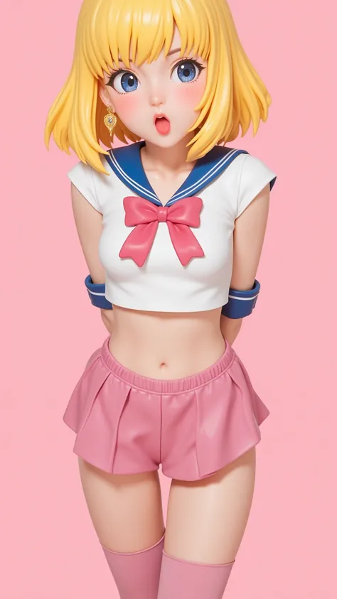 1 very young japanese girl, sailor moon, blonde hair, blushing, Shy, Red lips, mouth open, winking, cute overload, pale face, close up shot, Sweet, small breasts, ((best quality)), ((masterpiece)), (detailed), big expressive blue eyes, Slender、solid pink b...