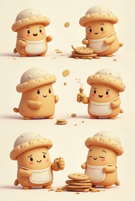 Create an image of a cookie with a hat and apron holding a cookie tray, Show me the cookie in different scenarios I want it to look friendly and tender 
 