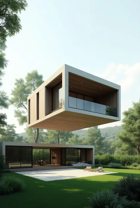 A thinny one floor house that is modern and realistic. In the backyard, a square room with real wings descends from the sky, ready to attach itself to the already beautiful home.