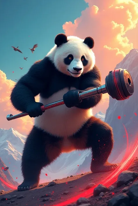  The best quality ,4k,8K,highres,detailed work,  I need an image of a fitness panda, welding a polymetric gym drawer, intense and vivid colors  ,high altitude perspective,Striking composition, Lines of movement ,striking lighting,Influences of modern pop a...