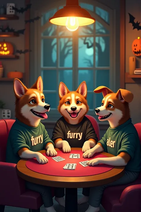  Dogs playing poker ,  on the shirt of a dog saying the word furry,  in another shirt the word  "Aler ".  in a Halloween-themed bar 