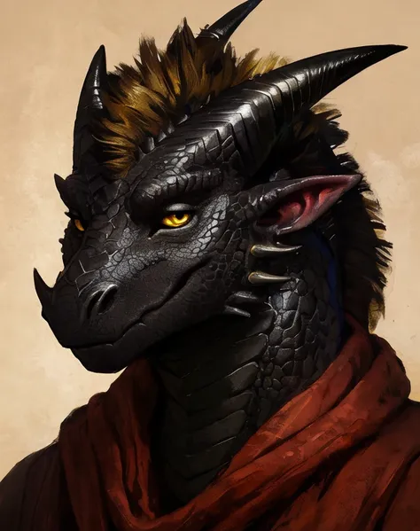 dynamis pose, bust portrait, great colors, good anatomy, pose as frexing after work-out, anthropomorphic dragon, black scales, two horns on head, pointy ears with hors in ears yellow eye, three little horns growing from cheeks from both sides high detailed...